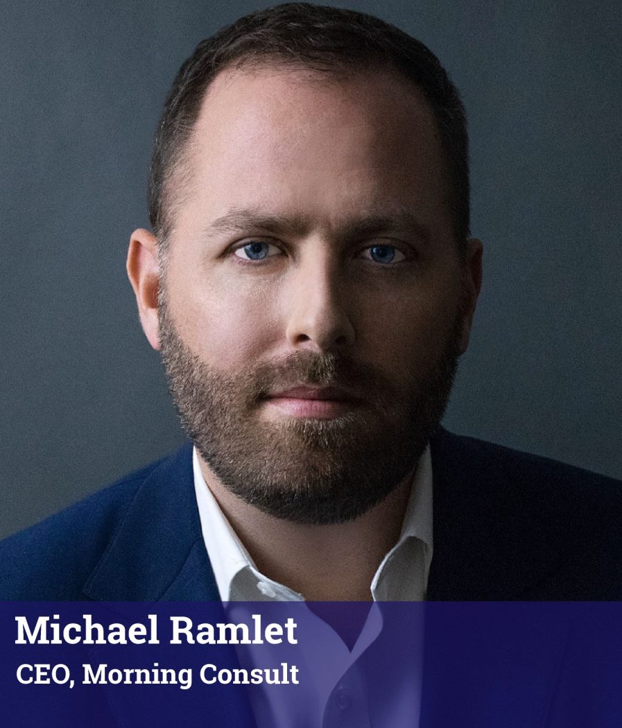 A man with a beard and short hair in a suit poses for a professional photo. Text reads: “Michael Ramlet, CEO, Morning Consult.”.