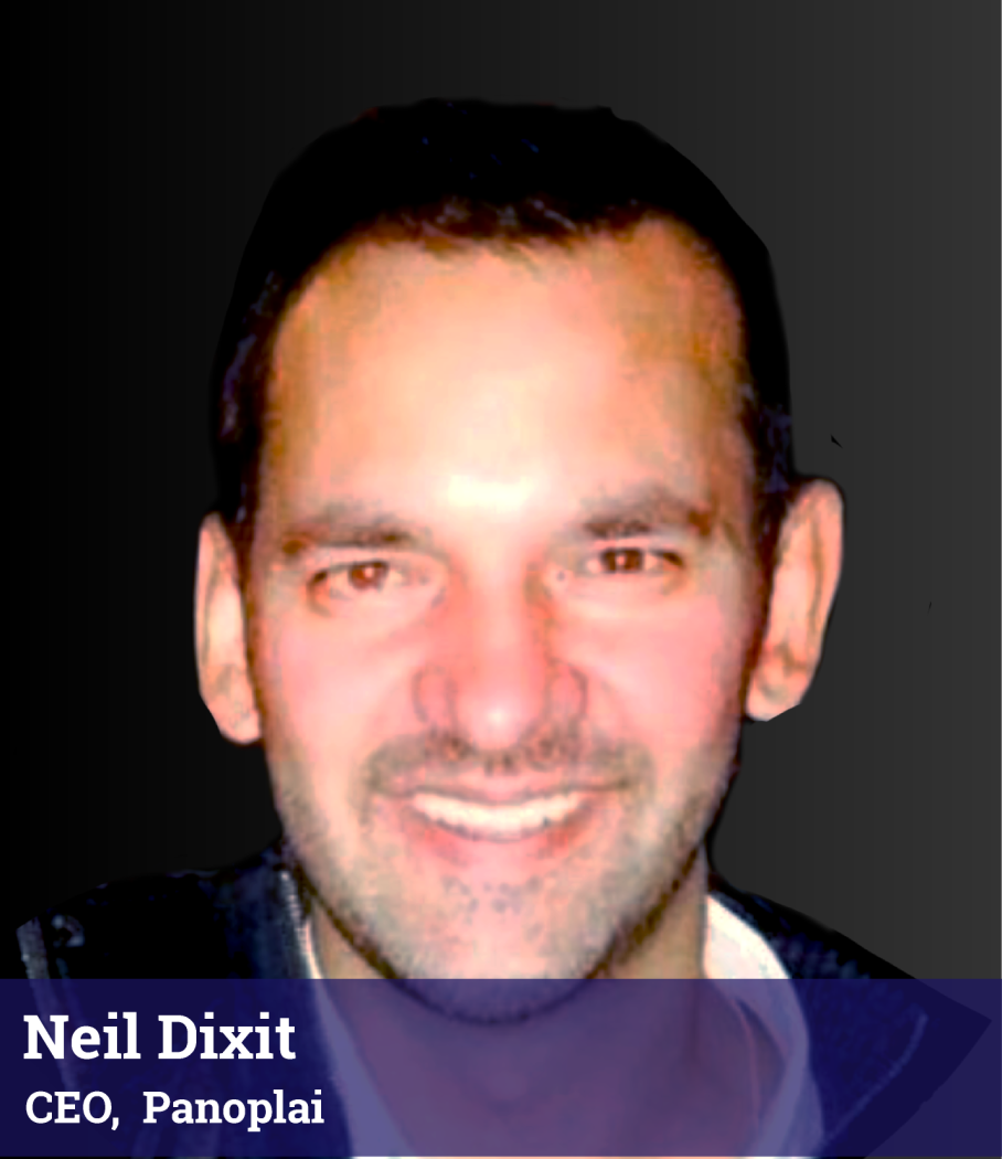 A smiling man with short dark hair poses against a dark background. Text overlay reads: “Neil Dixit, CEO, Panoplai.”.